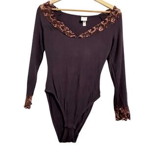 Vintage Liberti Tricot Brown Lace Detail Bodysuit Women’s Size Medium